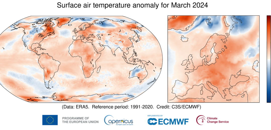 Copernicus: marzo 2024 è il decimo mese consecutivo ad essere il più caldo mai registrato