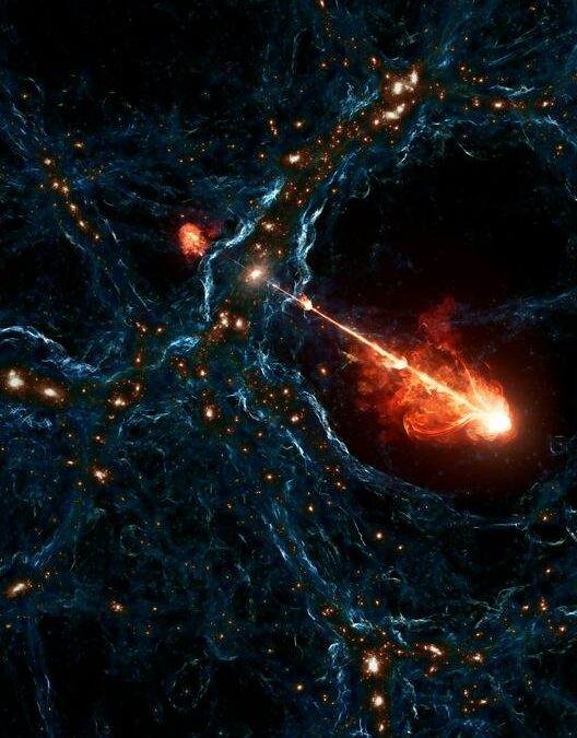 Da un buco nero la coppia di getti record lunghi 23 milioni di anni luce